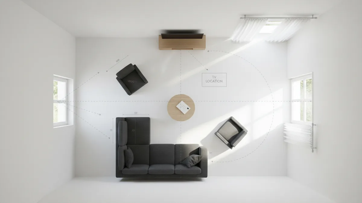 Room layout considerations for comfortable TV viewing angles and clear walkways.
