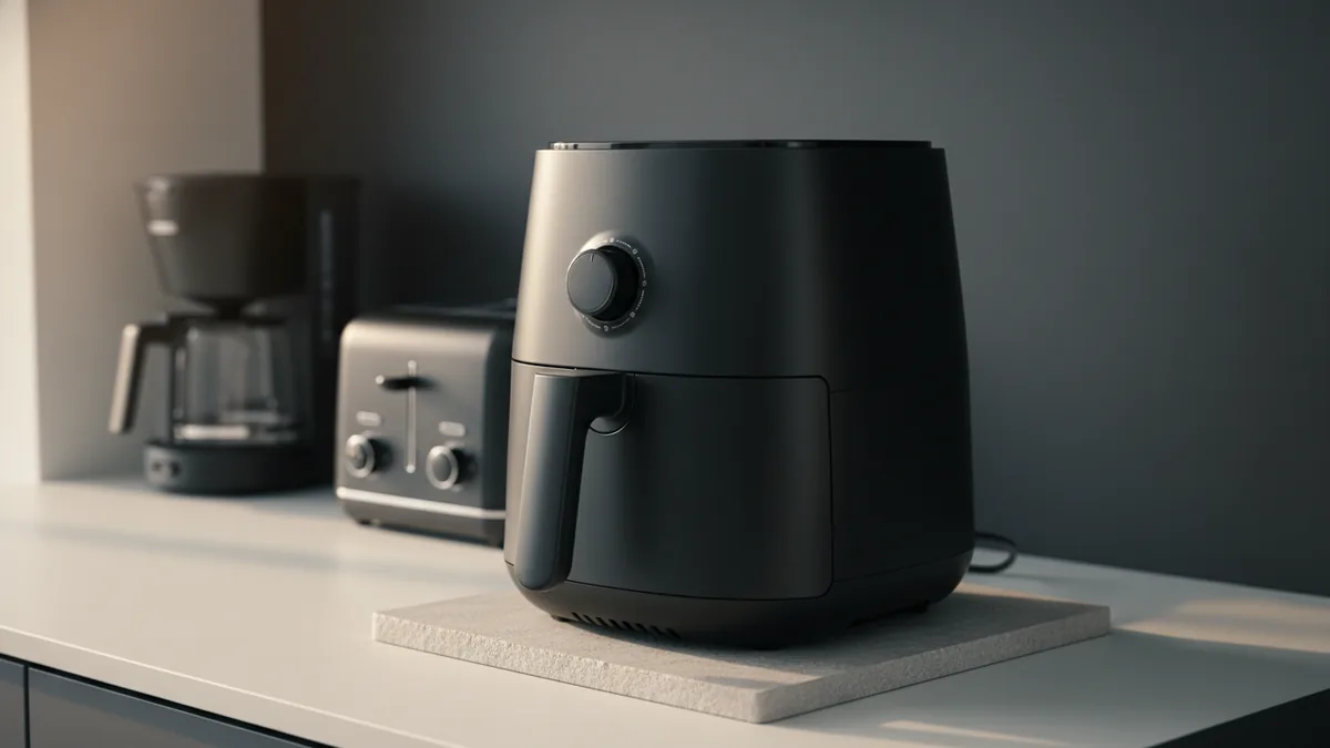 Air fryer positioned on a stable counter with clearance for vents