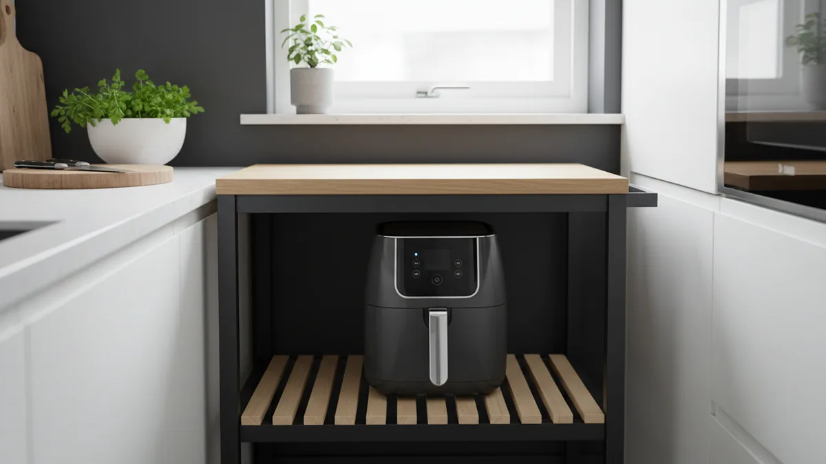 Air fryer storage on a small appliance cart with easy access