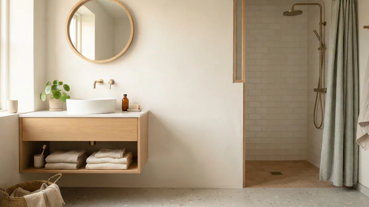 Scandinavian bathroom with soft wall finish, pale wood, ceramic fixtures, and gentle daylight