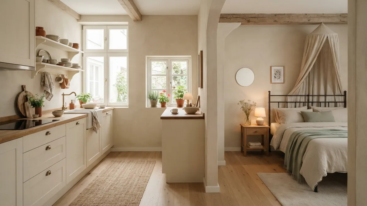 Calm home rooms with warm paint tones Warm European home interior with cream kitchen, quiet bedroom, pale oak, and soft daylight