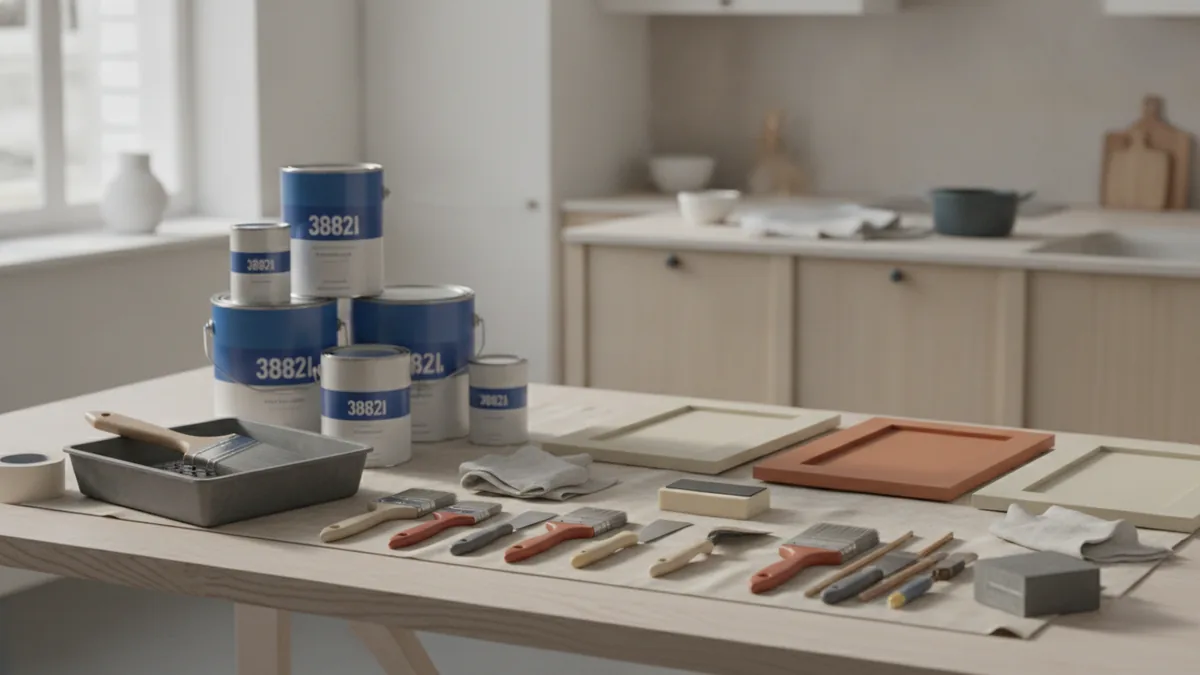 Organized supplies for cabinet painting prep and finishing