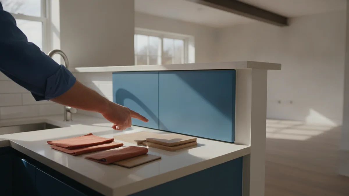 Contractor reviewing cabinet finish options with a homeowner