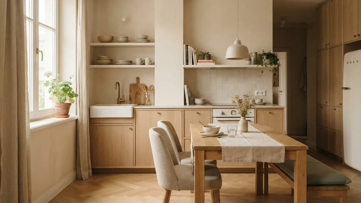 Layered light in a warm European kitchen European kitchen with warm daylight, pale oak surfaces, linen seating, and layered interior lighting