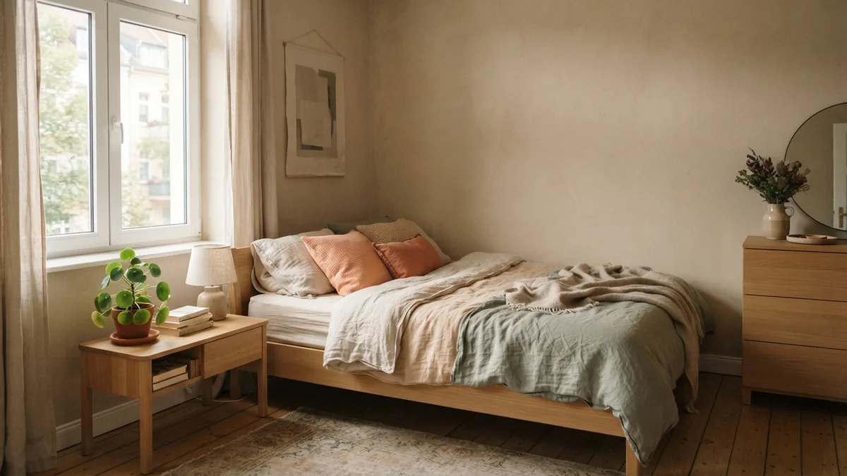 Personal style in a calm European bedroom Personal bedroom style shown through linen, pale oak, muted sage, and warm natural light