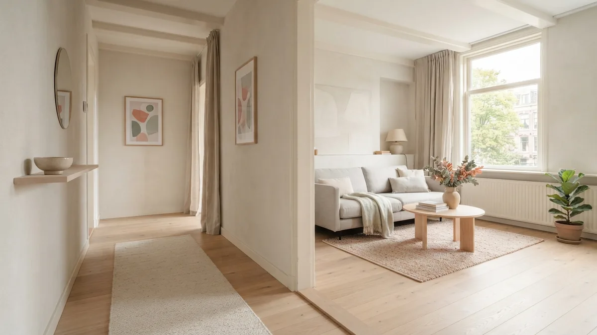 Continuous pale wood flooring links a European hallway and adjoining living room