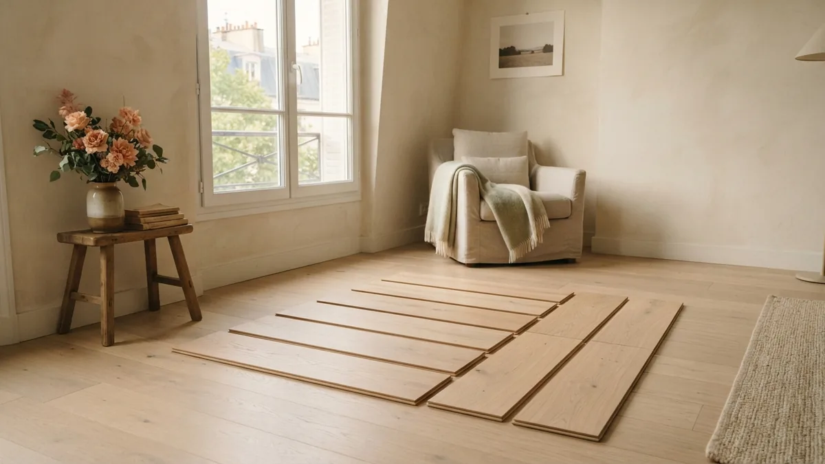 Pale oak sample boards laid in different directions for a flooring layout test